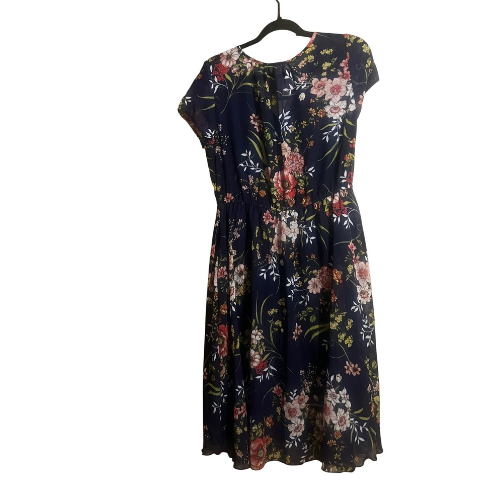 Indigo Rose Navy Floral Chiffon Midi Dress Short Sleeve Elastic Waist Large - Picture 2 of 4
